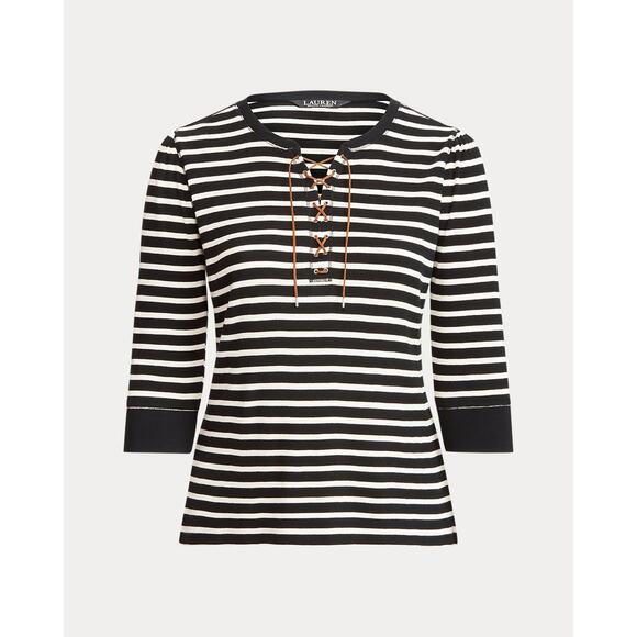 Lauren Ralph Lauren Striped Lace-Up Waffle-Knit Top Leather Drawcord Size XXL - Picture 1 of 12
